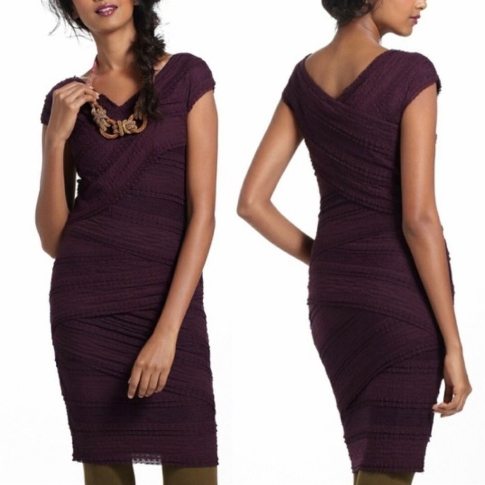 Anthropologie Bailey 44 Plum Tiered Lace V-Neck Cap Sleeve Bodycon Dress S